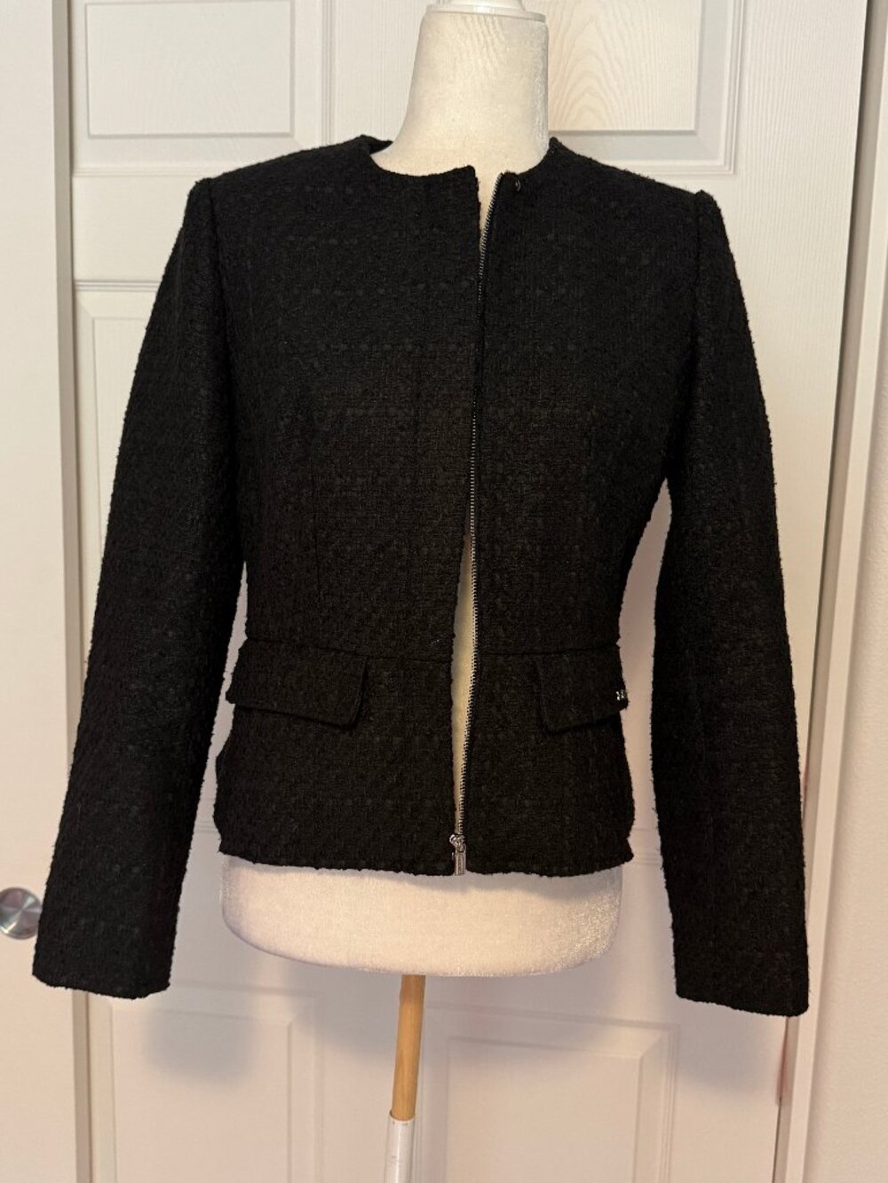Calvin Klein textured black collarless zip up blazer